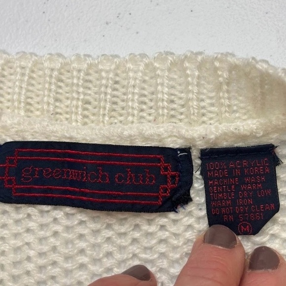 VTG 80s Women's Mallard Duck Boat Neck Sweater Cable Knit Sz M Ivory Pullover - Picture 7 of 10